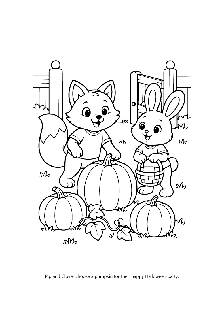 Pip the fox and Clover the rabbit choose a pumpkin together, an actual Little Paws Halloween coloring page