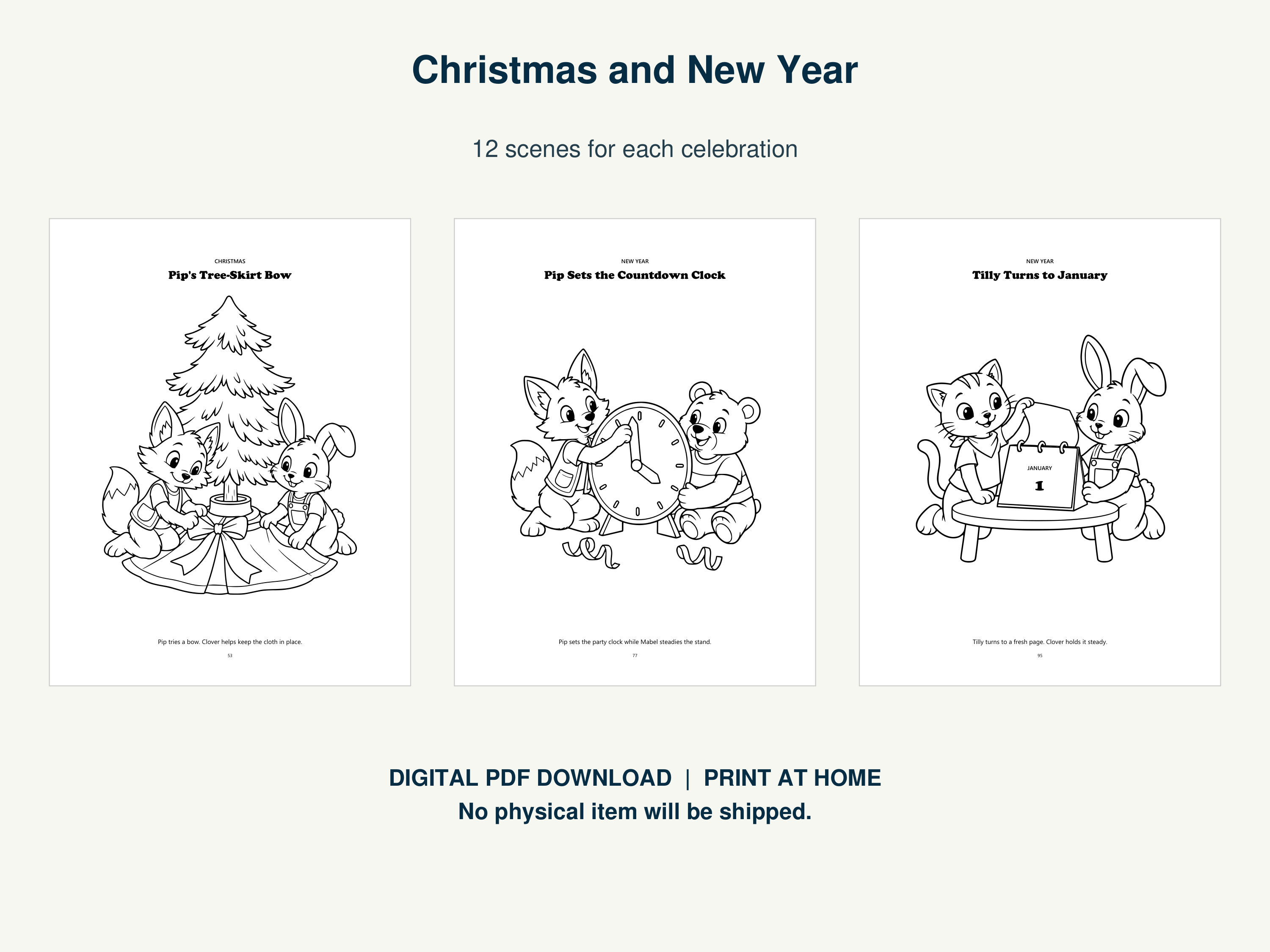 Actual holiday coloring pages with Christmas and New Year scenes